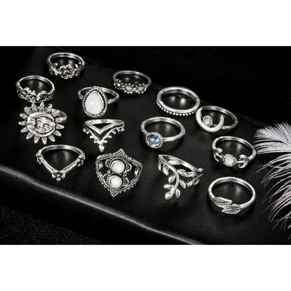 Antique silver opal, flower, sun & moon themed 14 piece boho stackable ring set - Picture 5 of 5